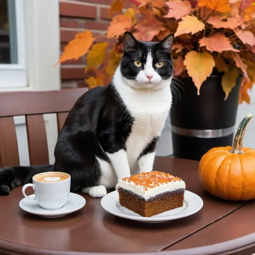 Prompt: A tuxedo cat sits regale on a bistro coffee house table , pumpkin spice cake and coffee on the table leaves turning colors in the Autumn 