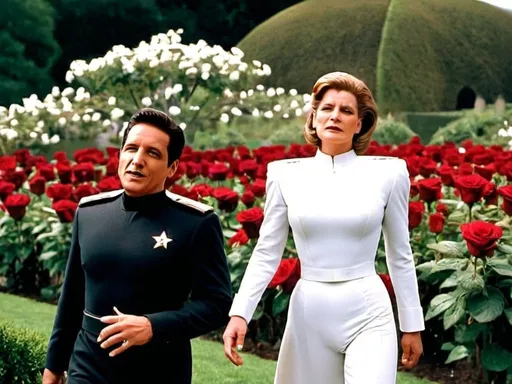 Prompt: Captain Kathryn Janeway adorned in White fancy dress walks along the rose gardens with commander  Chakotay 