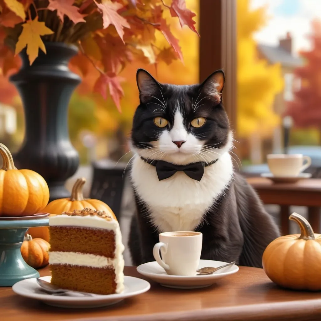 Prompt: A tuxedo cat sits regale on a bistro coffee house table , pumpkin spice cake and coffee on the table leaves turning colors in the Autumn 