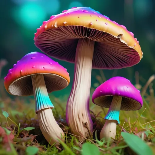 Prompt: create 3 mushrooms growing in the grass in psychedelic colors with minimal background