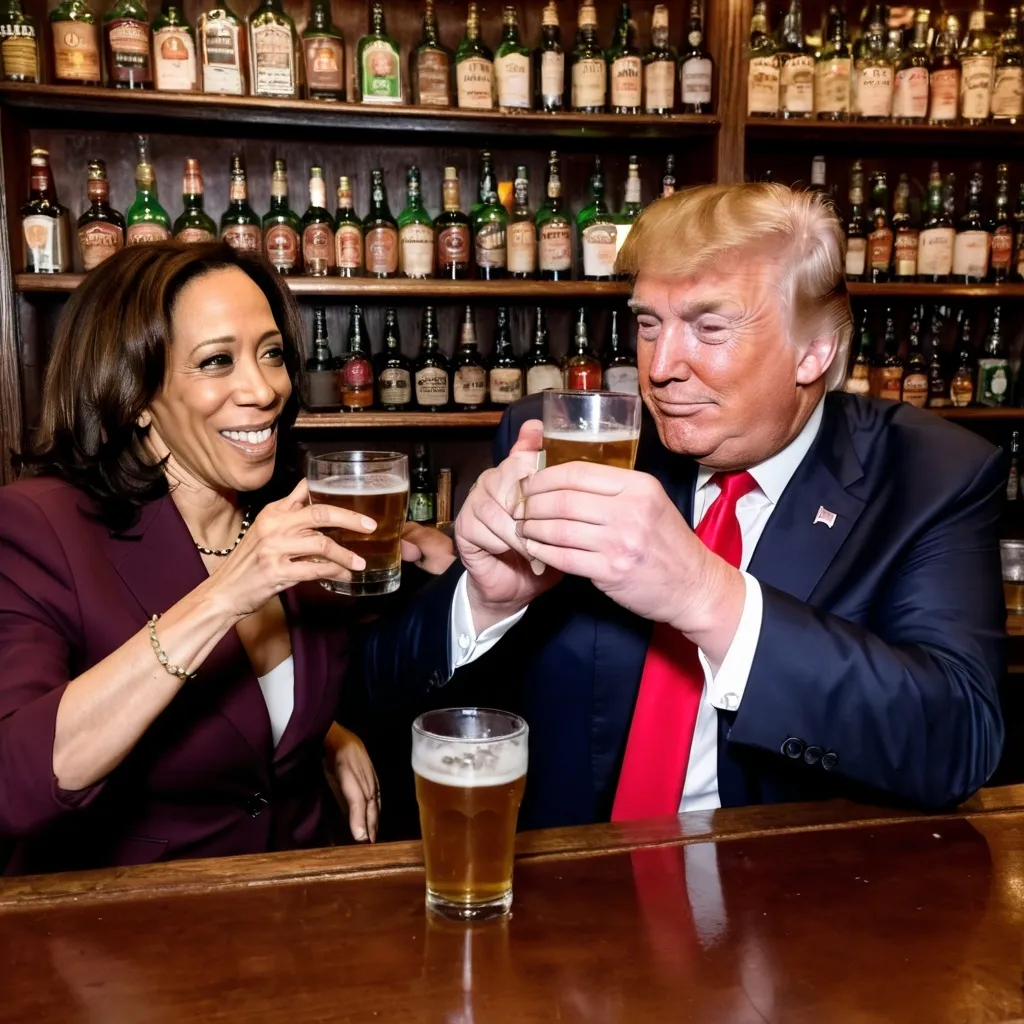 Prompt: happy kamala harris and donald trump doing shots of Jameson in an irish pub