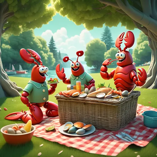 Prompt: (Anthropomorphic lobsters and clams) engaging in a whimsical picnic, vibrant colors, humorous and surreal atmosphere, lush green grass as the setting, playful details like picnic baskets and food spread, whimsical expressions, cozy sunlight glowing through treetops, emphasizing (4K) clarity, capturing a bizarre yet cheerful moment in a magical, cartoonish style.