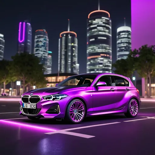 Prompt: vibrant photo front of an 2009 bmw serie 1, with bright colors, realistic purple neon lighting, outdoor, city background, unreal engine 5