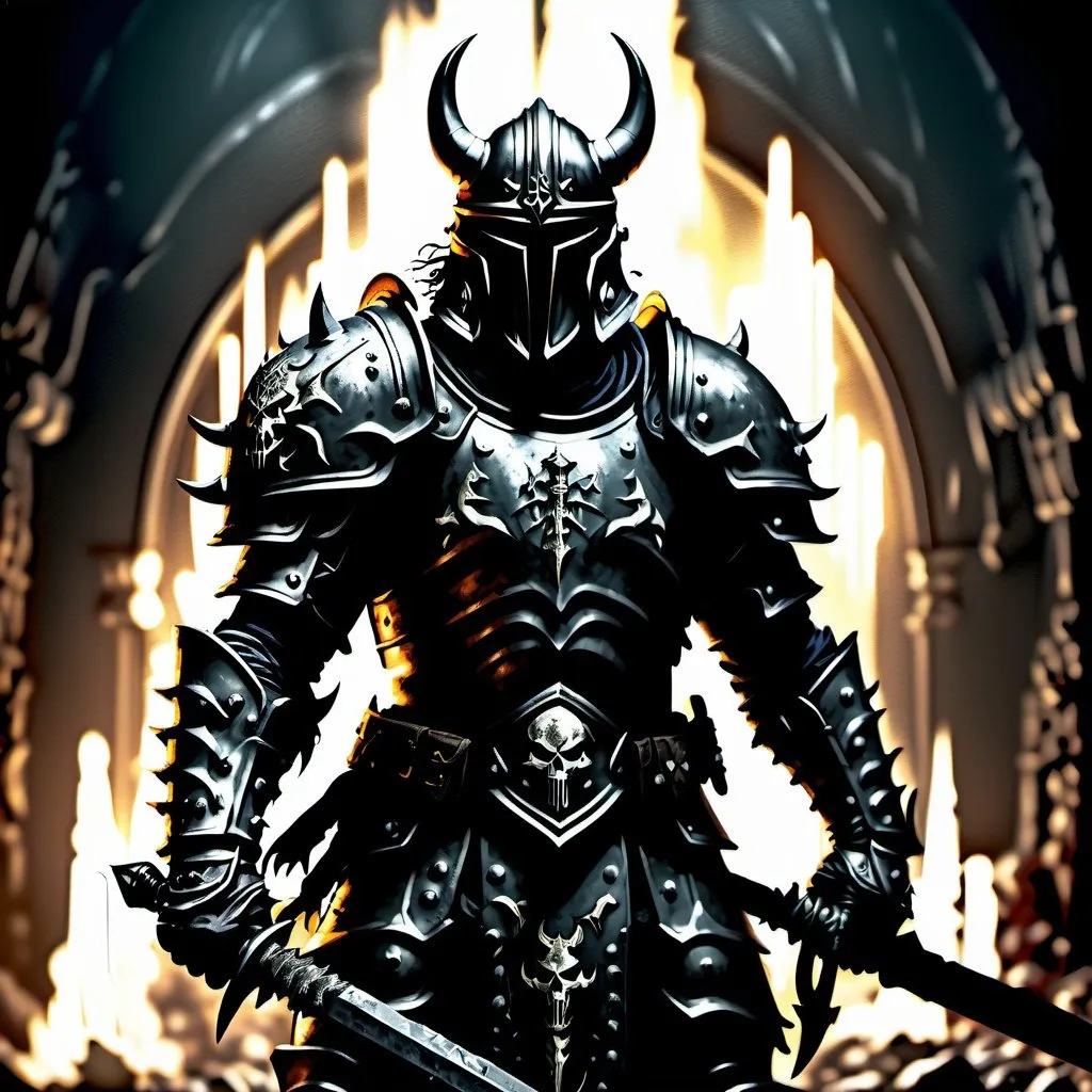 Prompt: long shot of a realistic chaos warrior preparing for battle, detailed armor and weapons, gritty and dark atmosphere, high-quality drawing, realistic, detailed, warhammer fantasy style, helmet, holding a long demonic sword, armor details, cinematic, dark tones, professional, atmospheric lighting, intricate background