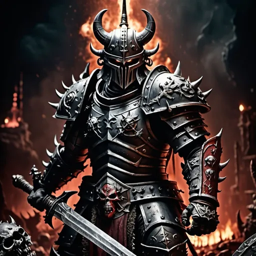 Prompt: long shot of a realistic chaos warrior preparing for battle, marked by khorne, detailed armor and weapons, gritty and dark atmosphere, high-quality drawing, realistic, detailed, warhammer fantasy style, helmet, holding a long demonic sword in his hand, armor details, cinematic, dark tones, professional, atmospheric lighting, intricate background