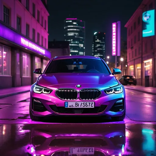 Prompt: vibrant photo front of an old bmw serie 1, with bright colors, realistic purple neon lighting, outdoor, city background, unreal engine 5