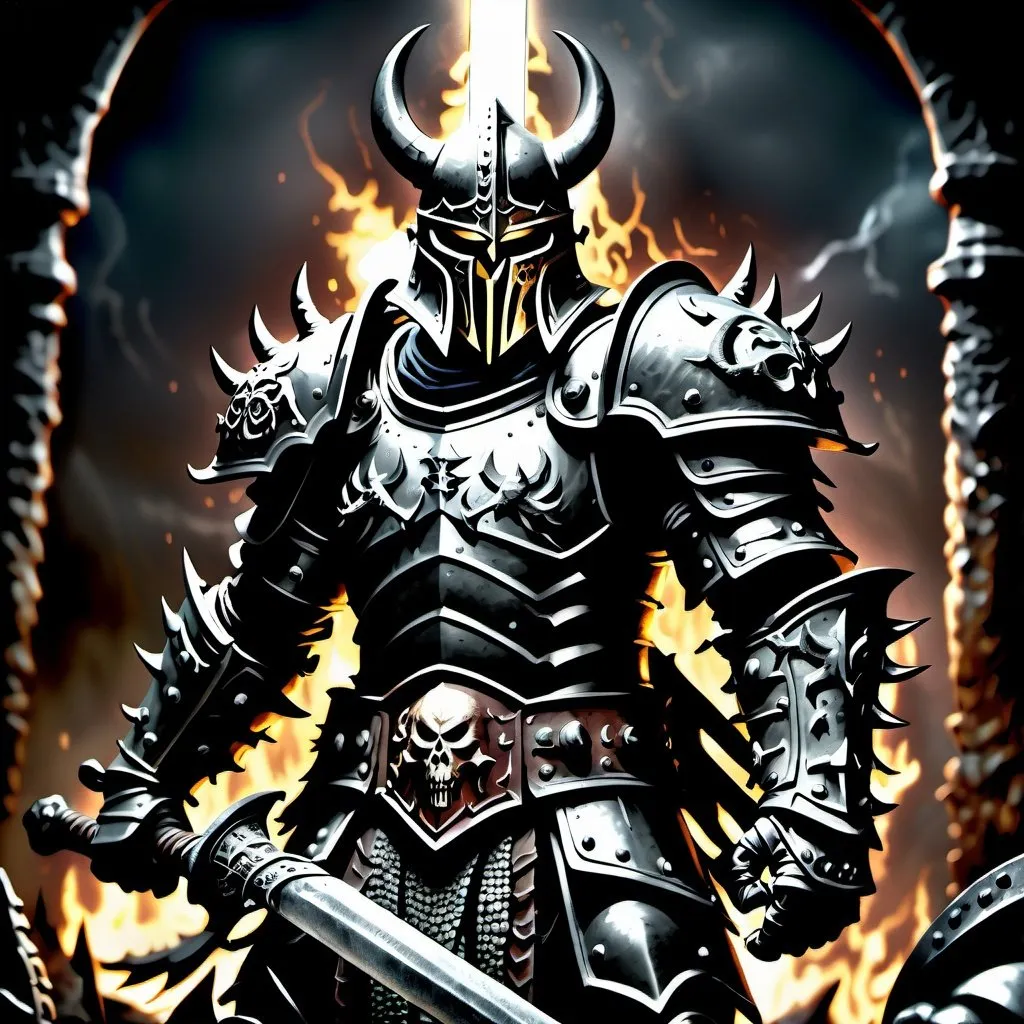 Prompt: long shot of a realistic chaos warrior preparing for battle, detailed armor and weapons, gritty and dark atmosphere, high-quality drawing, realistic, detailed, warhammer fantasy style, helmet, holding a long demonic sword, armor details, cinematic, dark tones, professional, atmospheric lighting, intricate background