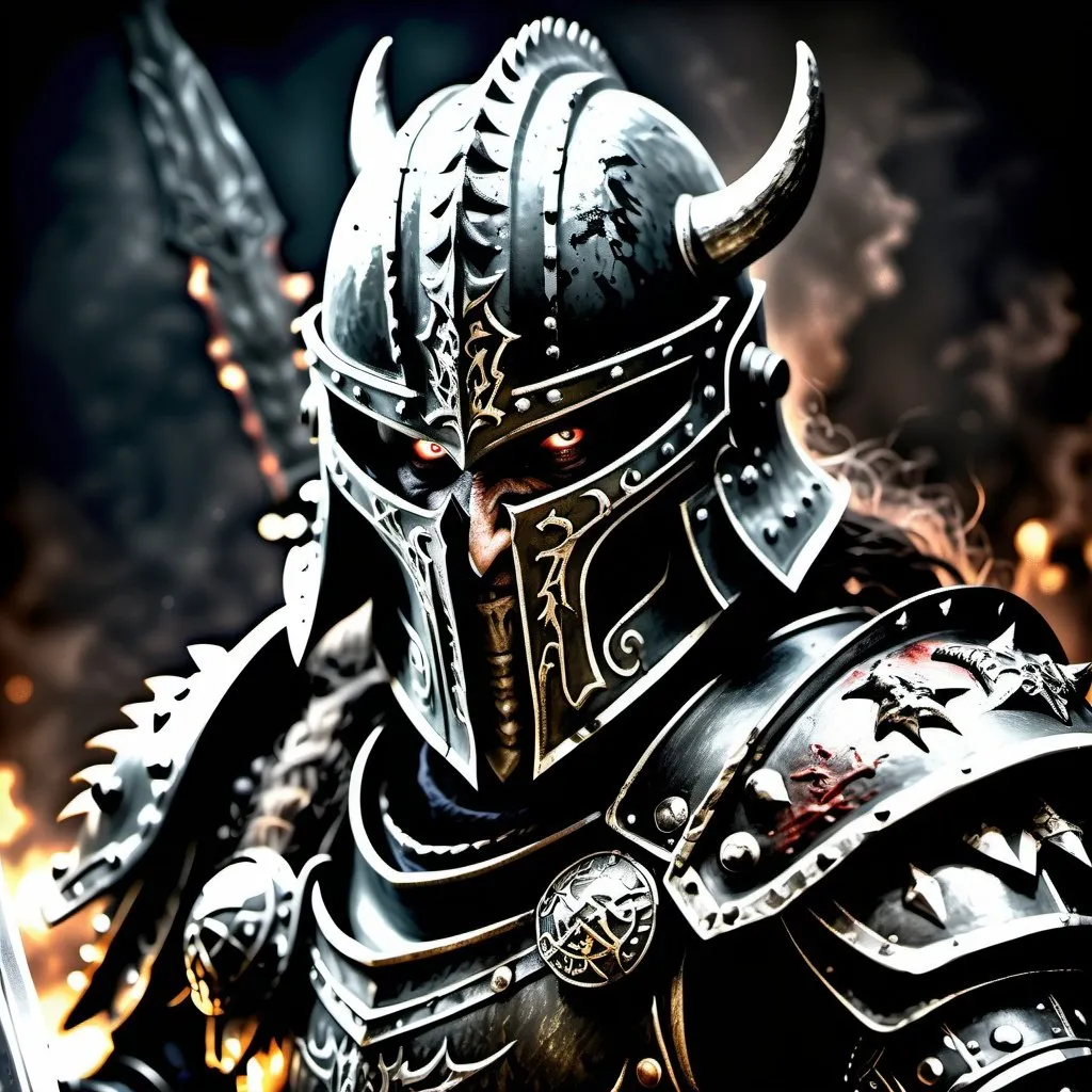 Prompt: Realistic portrait of a chaos warrior preparing for battle, detailed armor and weapons, gritty and dark atmosphere, high-quality drawing, long shot, realistic, detailed, warhammer fantasy style, helmet, holding a long demonic sword, armor details, cinematic, dark tones, professional, atmospheric lighting, intricate background