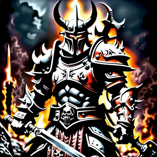 Prompt: long shot of a realistic chaos warrior preparing for battle, marked by khorne, detailed armor and weapons, gritty and dark atmosphere, high-quality drawing, realistic, detailed, warhammer fantasy style, helmet, holding a long demonic sword in his hand, armor details, cinematic, dark tones, professional, atmospheric lighting, intricate background