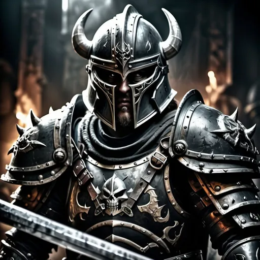 Prompt: Realistic portrait of a chaos warrior preparing for battle, detailed armor and weapons, gritty and dark atmosphere, high-quality drawing, realistic, detailed, warhammer fantasy style, helmet, holding sword, armor details, cinematic, dark tones, professional, atmospheric lighting, intricate background