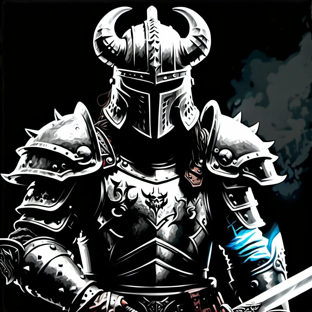 Prompt: Realistic portrait of a chaos warrior preparing for battle, detailed armor and weapons, gritty and dark atmosphere, high-quality drawing, realistic, detailed, warhammer fantasy style, helmet, holding a long demonic sword, armor details, cinematic, dark tones, professional, atmospheric lighting, intricate background