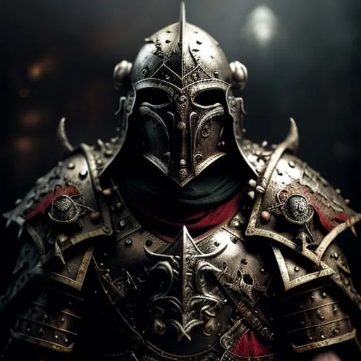 Prompt: Realistic portrait of a chaos warrior preparing for battle in Warhammer Fantasy style, detailed armor and weapons, gritty and dark atmosphere, high-quality drawing, realistic, detailed, warhammer fantasy style, helmet, sword, shield, armor details, cinematic, dark tones, professional, atmospheric lighting, intricate background