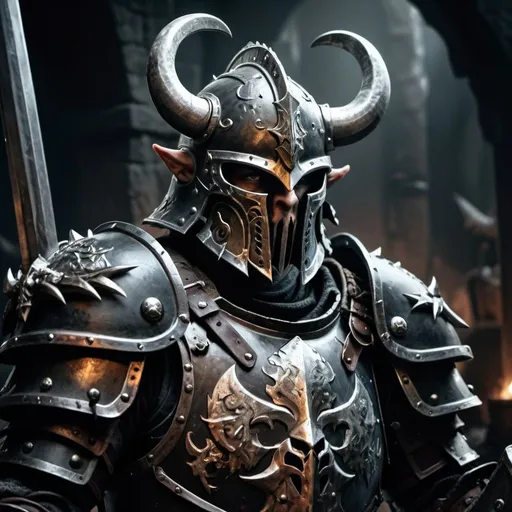 Prompt: Realistic portrait of a chaos warrior preparing for battle, detailed armor and weapons, gritty and dark atmosphere, high-quality drawing, realistic, detailed, warhammer fantasy style, helmet, sword, shield, armor details, cinematic, dark tones, professional, atmospheric lighting, intricate background