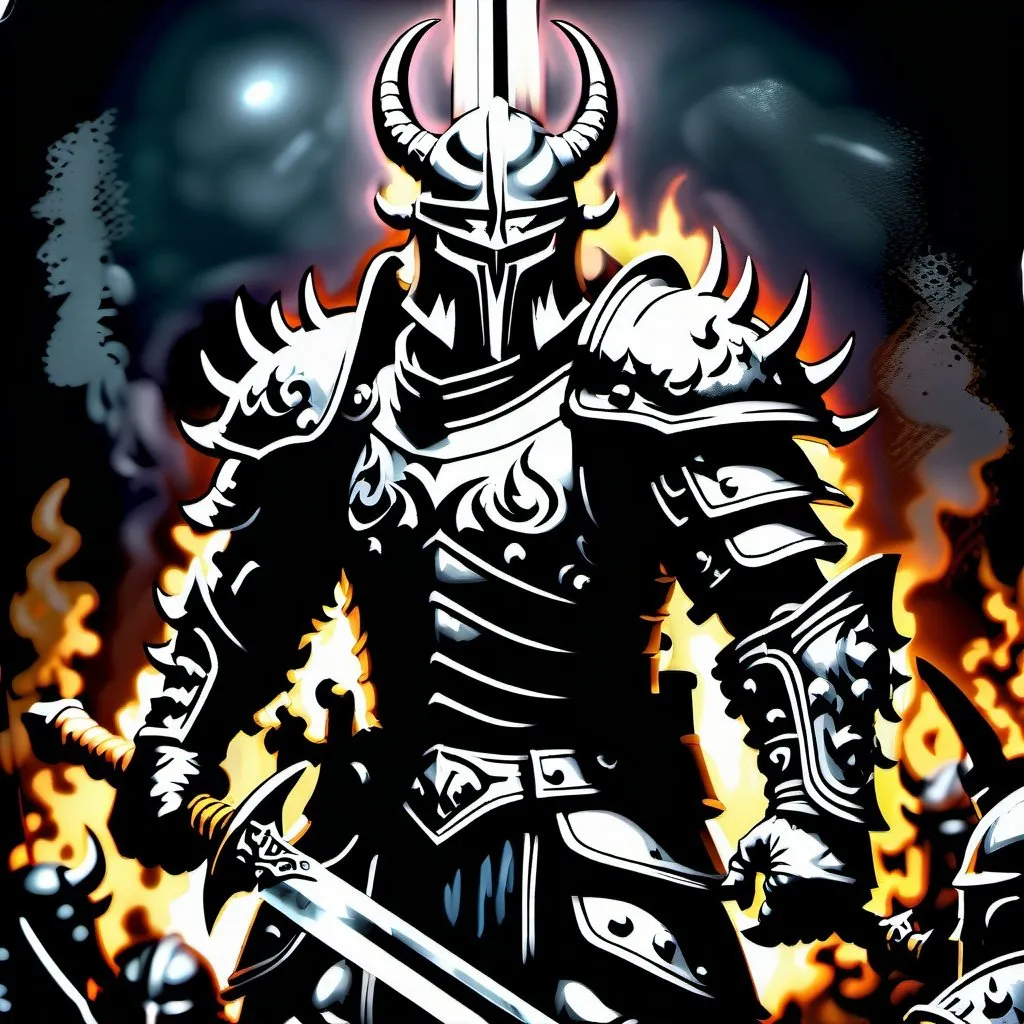 Prompt: long shot of a realistic chaos warrior preparing for battle, detailed armor and weapons, gritty and dark atmosphere, high-quality drawing, realistic, detailed, warhammer fantasy style, helmet, holding a long demonic sword in his hand, armor details, cinematic, dark tones, professional, atmospheric lighting, intricate background