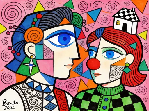 Prompt: Image is a vibrant, abstract drawing featuring a complex composition of interwoven figures and geometric shapes. The style is a mix of cubism, expressionism and surrealism, with bold, black outlines and a vivid color palette including pink, blue, green, orange, and red. Large blue eyes pierce abstract chaos. One figure has a prominent blue eye and a red nose, while another has a green and black checkered pattern on their clothing. The background includes a small house with a checkered roof and abstract shapes like spirals and triangles. A cubist and surreal harmony of interesting and unusual figures with objects. The drawing is signed 'Bavuta 2020' in the bottom left corner, with the text in a simple, handwritten style. Unique attributes include intricate patterns on clothing and abstract forms resembling hair and accessories. In the top right corner, a small house with a checkered roof is depicted, adding a whimsical touch. The background is filled with abstract shapes and patterns, adding to the chaotic yet harmonious feel of the artwork. Unique attributes include intricate patterns on clothing and abstract forms resembling hair and accessories. The background is filled with swirling lines and geometric patterns, enhancing the dynamic feel of the artwork. The artist's signature, 'Bvutza 2020,' is visible in the bottom left corner, written in a simple, black script. The overall effect is dynamic and visually striking, with a playful yet unsettling atmosphere.