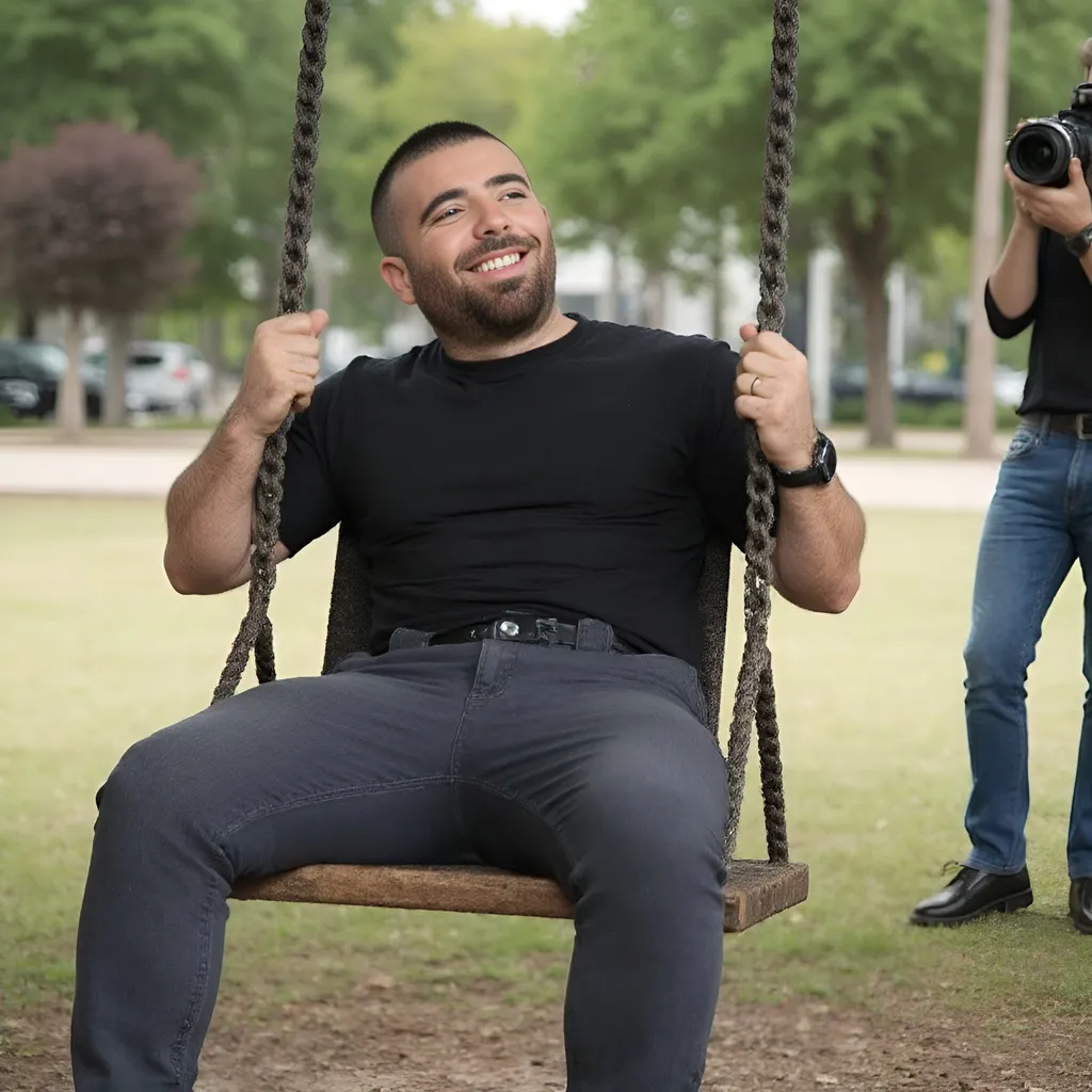 Prompt: @TU3JPdv8SuNW5ZYExgHA is on a swing in a park. he is wearing a garage mechanic work cloths. there is a paparazzi photographer in the background. make @TU3JPdv8SuNW5ZYExgHA look exactly as original as possible 