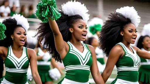 Prompt: Black cheerleaders wearing green and white cheerleaders outfits cheering on their high-school football team in a capacity-crowd stadium during a football game.  Emulate Nikon D6 high shutter speed action shot, magical tone and feel, hyper realistic.