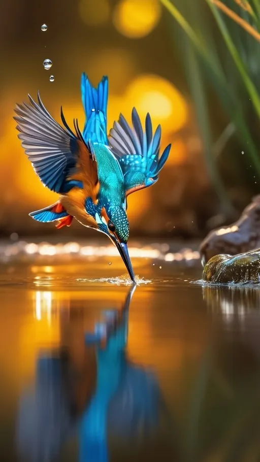 Prompt: (A stunning kingfisher diving into the water), vibrant colors, shimmering reflection, golden background, (highly detailed), dynamic splash of water droplets, rich iridescent plumage, beautiful sunlight glinting off the surface, tranquil ambiance, (4K ultra-detailed), nature’s masterpiece, striking contrast between the bird and serene water.