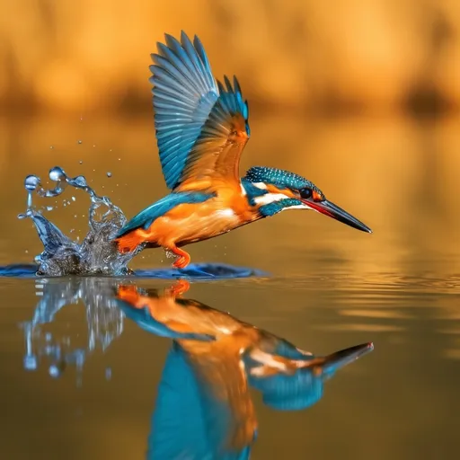 Prompt: "A kingfisher diving into the water with its reflection, vibrant colors, golden background