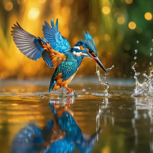 Prompt: (A stunning kingfisher diving into the water), vibrant colors, shimmering reflection, golden background, (highly detailed), dynamic splash of water droplets, rich iridescent plumage, beautiful sunlight glinting off the surface, tranquil ambiance, (4K ultra-detailed), nature’s masterpiece, striking contrast between the bird and serene water.