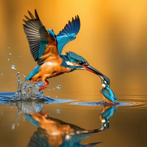 Prompt: "A kingfisher diving into the water with its reflection, vibrant colors, golden background