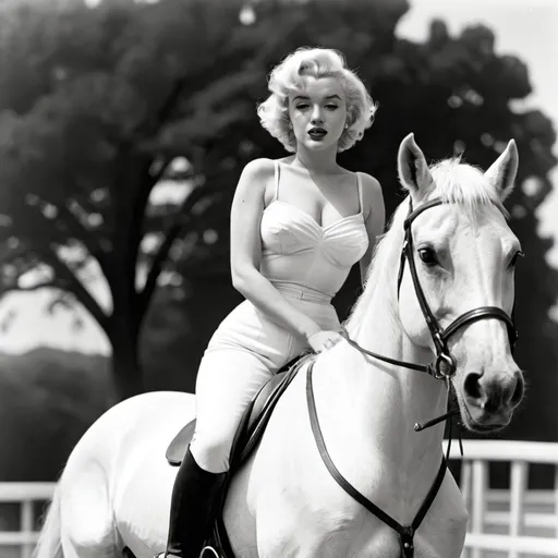 Prompt: Black and white vintage photograph of Marilyn Monroe on a white horse