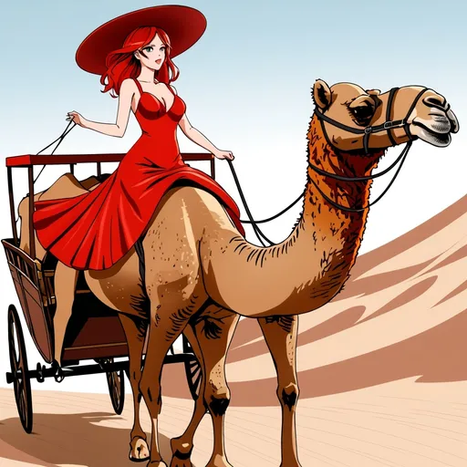 Prompt: A women riding wagon camel , red hair ,, wave dress, suit costum red hot