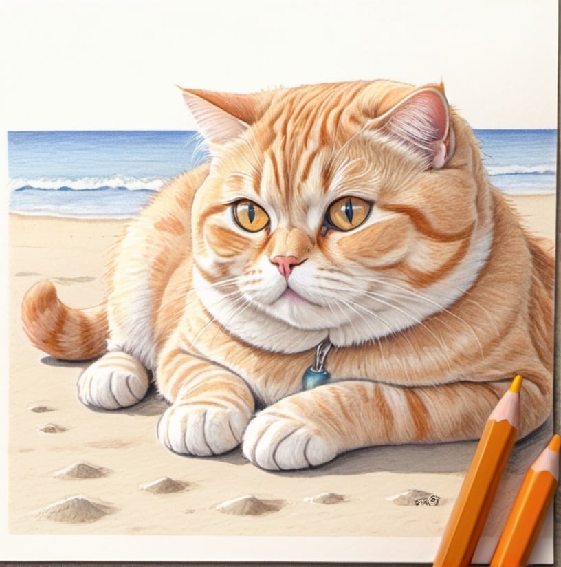 Prompt: Chill, beach, orange cat, scottish fold, fat cat, smile face, sandy shore, relaxing, sunny day, detailed fur, serene, high quality, colored pencil drawing, cute style