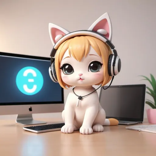 Prompt: kawaii 3D rendered, cute cate chibi who wear big headphone and study in front of computer