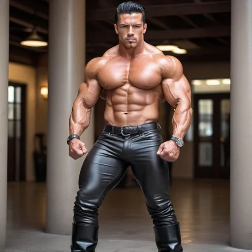 Prompt: Full screen view head to foot, handsome Latino huge muscular bodybuilder, black hair slicked up perfectly combed, fists clenched, wearing rings on his fingers, shiny black cowboy boots, huge leg muscles in tight tan trousers. 