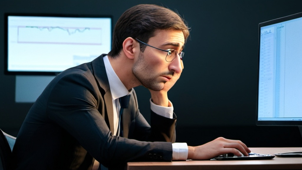 Prompt: a animated nervous trader sitting in front of his  laptop 

