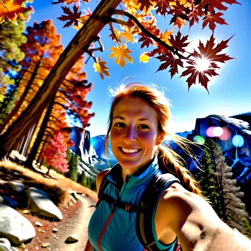 Prompt: Yosemite, fractal numbers, John Muir, fall, autumn, pondero pines, ultra running, hot girl, soft light, views of the valley, happy, climbing, trail, golden brown leaves, fit, red leaves, maple leaves, plaited hair, pretty, blue sky, slightly cold, 