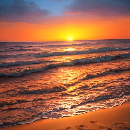 Prompt: Sunset beach landscape, calm ocean waves, sandy shore, vibrant sunset colors, high quality, realistic, warm tones, serene lighting