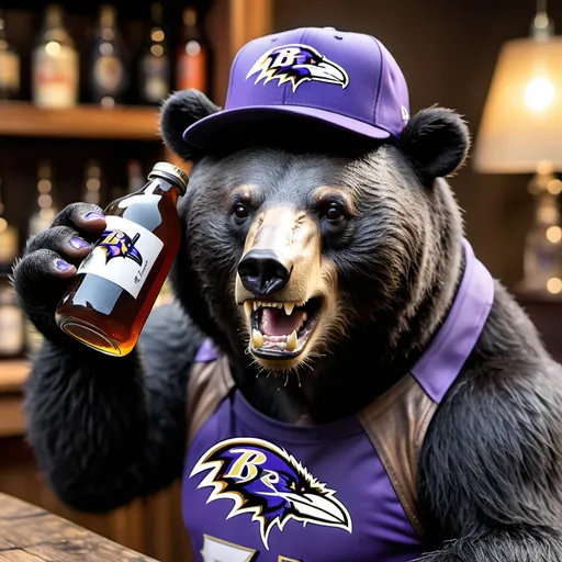 Prompt: A Frankenstein Black Bear drinking a cheering zero in a glass bottle  wearing a baltimore ravens hat