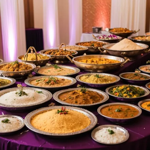 Prompt: "A luxurious Indian wedding buffet setup with a variety of traditional dishes."