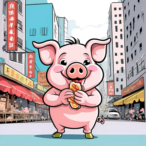Prompt: Funny, cute pig in Hong Kong, cartoon style, French pig eating baguette, toon style, vibrant colors, humorous, cartoonist, adorable, lighthearted, detailed illustration, cartoon, vibrant colors, lively, lively lighting, professional