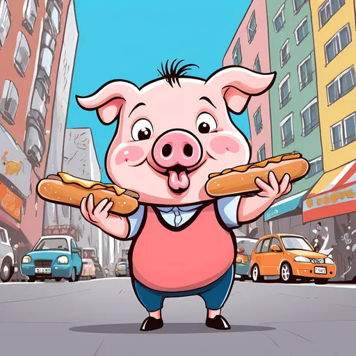 Prompt: Funny, cute pig in Hong Kong, cartoon style, French pig eating baguette, toon style, vibrant colors, humorous, cartoonist, adorable, lighthearted, detailed illustration, cartoon, vibrant colors, lively, lively lighting, professional