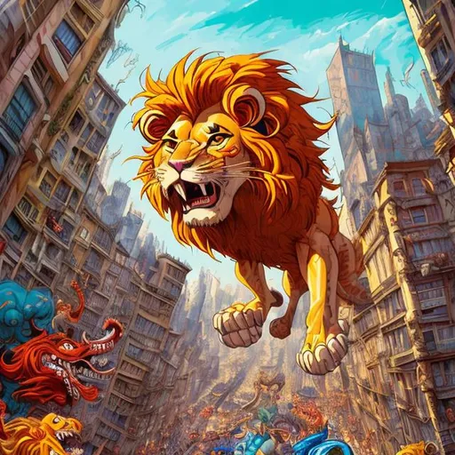 Prompt: Giant lion invading Lyon, chaotic cartoon scene, toon style, vibrant colors, comical atmosphere, detailed cityscape, exaggerated expressions, humorous, high energy, funny, chaos, giant cat, Lyon, cartoon, toon style, vibrant colors, comical, detailed cityscape, exaggerated expressions, humorous, high energy, professional, vibrant lighting bleu and red, japanese art inspired