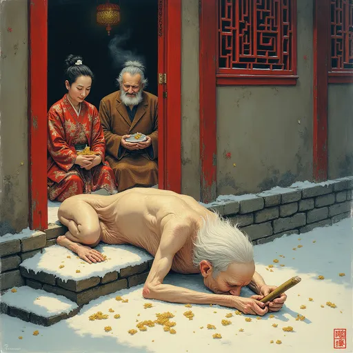 Prompt: 除夕夜雪地，枯瘦老妇（祥林嫂）尸体蜷缩在朱门石阶角落，苍白手指抓着半截竹竿，门内灯火通明，穿锦袍的家庭正在跪拜灶神，供桌烤猪头冒热气，金色爆竹屑落在尸体白发上，红/白/金三色冲撞，浮世绘风格 --ar 21:9 --niji 5