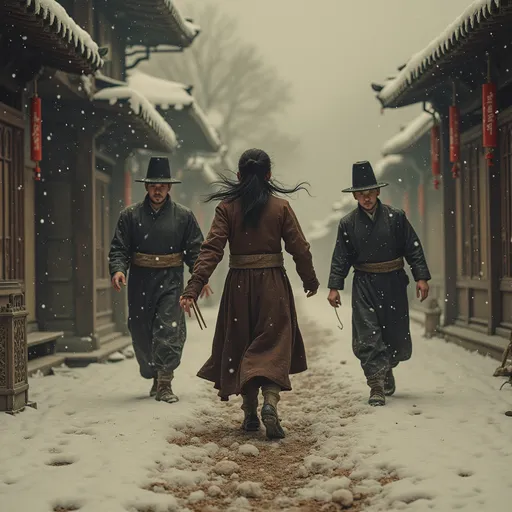 Prompt: 民国初年寒冬，枯树荒村，瘦弱的年轻女子（祥林嫂）被两个粗壮男人反扭双臂拖行，麻绳深勒手腕，旧棉袄撕裂露出稻草，挣扎时木簪脱落散乱头发，远处破花轿帘角掀起露出血红内衬，深褐色调，雪泥飞溅，版画风格，高对比光影 --ar 16:9