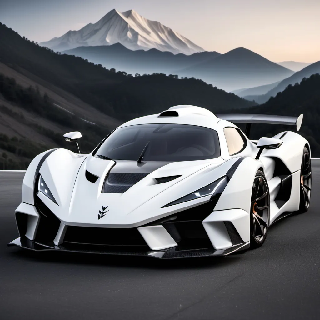 Prompt: Hypercar, matte white with carbon fiber finish, Aerodynamic body, minimalist shape, fierce appearance, Bumper with a very complicated grill shape,  With the Garuda logo on the front body in a square shape, round and cute headlights, With a mountain feel