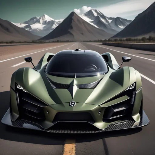 Prompt: Hypercar, matte military green with carbon fiber finish, Aerodynamic body, minimalist shape, fierce appearance, Bumper with a very complicated grill shape,  With the ghost logo on the front body in a square shape, Triangle and cute headlights, With a mountain feel