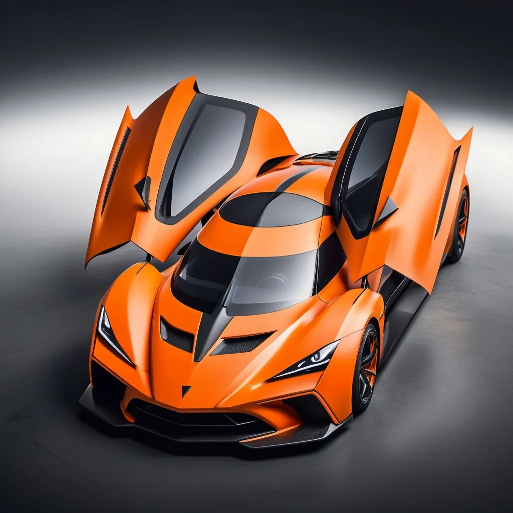 Prompt: Hypercar,  matte orange with carbon fiber finish, Aerodynamic body, minimalist shape, fierce appearance, With a triangular bumper and a very complicated grill shape,  With the ghost logo on the front body in a square shape, Triangle and cute headlights, With a mountain feel