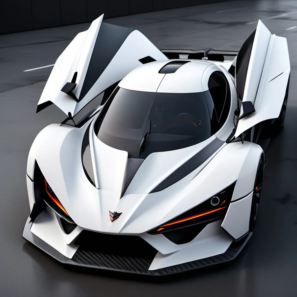 Prompt: Hypercar, matte white with carbon fiber finish, Aerodynamic body, minimalist shape, fierce appearance, Bumper with a very complicated grill shape,  With the Garuda logo on the front body in a square shape, round and cute headlights, With a mountain feel