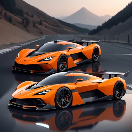 Prompt: Hypercar,  matte orange with carbon fiber finish, Aerodynamic body, minimalist shape, fierce appearance, With a triangular bumper and a very complicated grill shape,  With the ghost logo on the front body in a square shape, Triangle and cute headlights, With a mountain feel