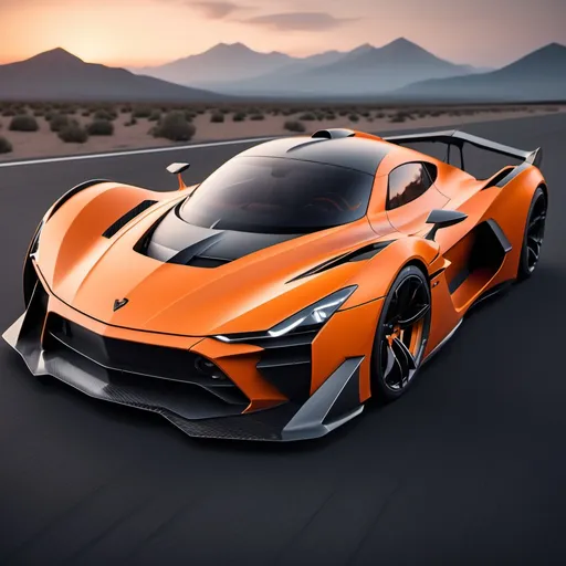 Prompt: Hypercar,  matte orange with carbon fiber finish, Aerodynamic body, minimalist shape, fierce appearance, With a triangular bumper and a very complicated grill shape,  With the ghost logo on the front body in a square shape, Triangle and cute headlights, With a mountain feel