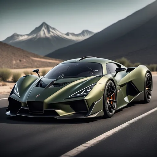 Prompt: Hypercar, matte military green with carbon fiber finish, Aerodynamic body, minimalist shape, fierce appearance, Bumper with a very complicated grill shape,  With the ghost logo on the front body in a square shape, Triangle and cute headlights, With a mountain feel