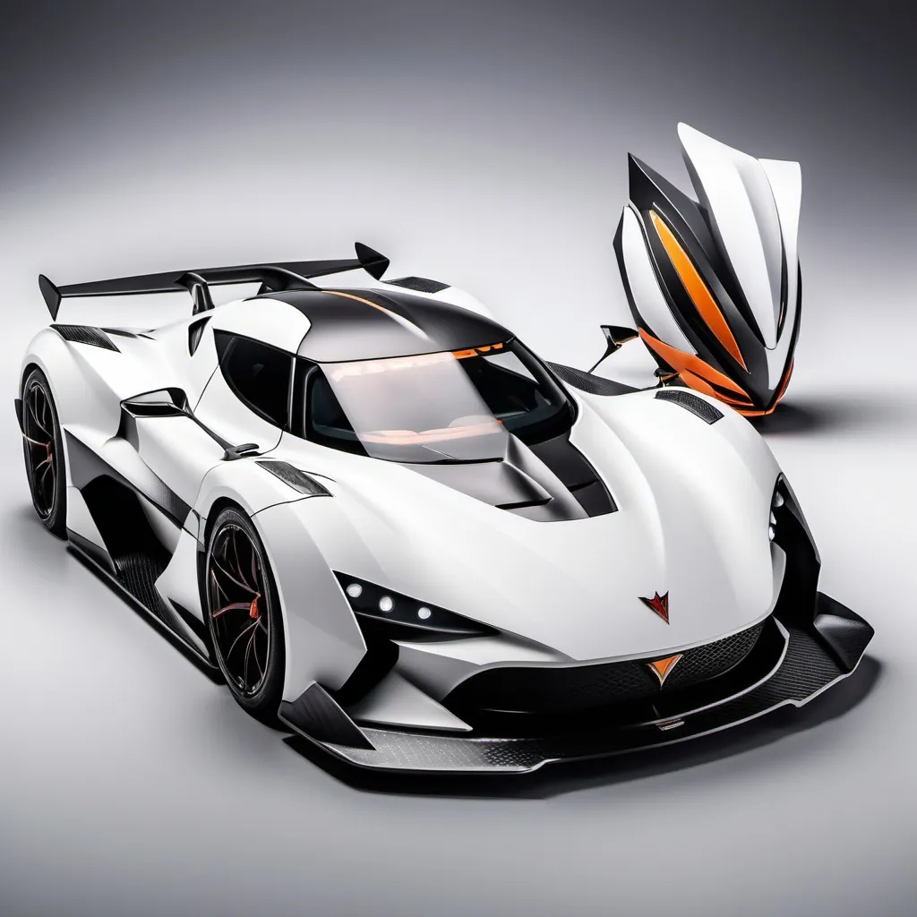 Prompt: Hypercar, matte white with carbon fiber finish, Aerodynamic body, minimalist shape, fierce appearance, Bumper with a very complicated grill shape,  With the Garuda logo on the front body in a square shape, round and cute headlights, With a mountain feel