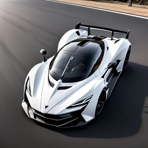 Prompt: Hypercar, matte white with carbon fiber finish, Aerodynamic body, minimalist shape, fierce appearance, Bumper with a very complicated grill shape,  With the Garuda logo on the front body in a square shape, round and cute headlights, With a mountain feel