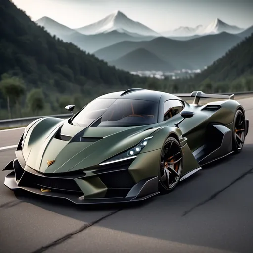 Prompt: Hypercar, matte military green with carbon fiber finish, Aerodynamic body, minimalist shape, fierce appearance, Bumper with a very complicated grill shape,  With the Garuda logo on the front body in a square shape, Triangle and cute headlights, With a mountain feel